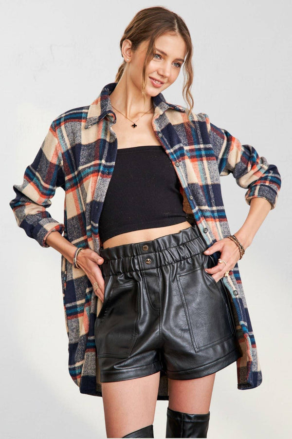 Women's Longline Plaid Flannel Shacket Jacket