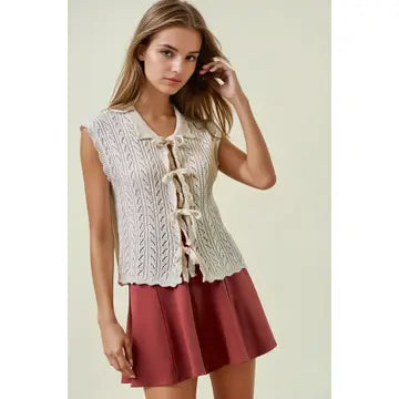 Cassidy Tie Front Collared Knit Vest in Cream