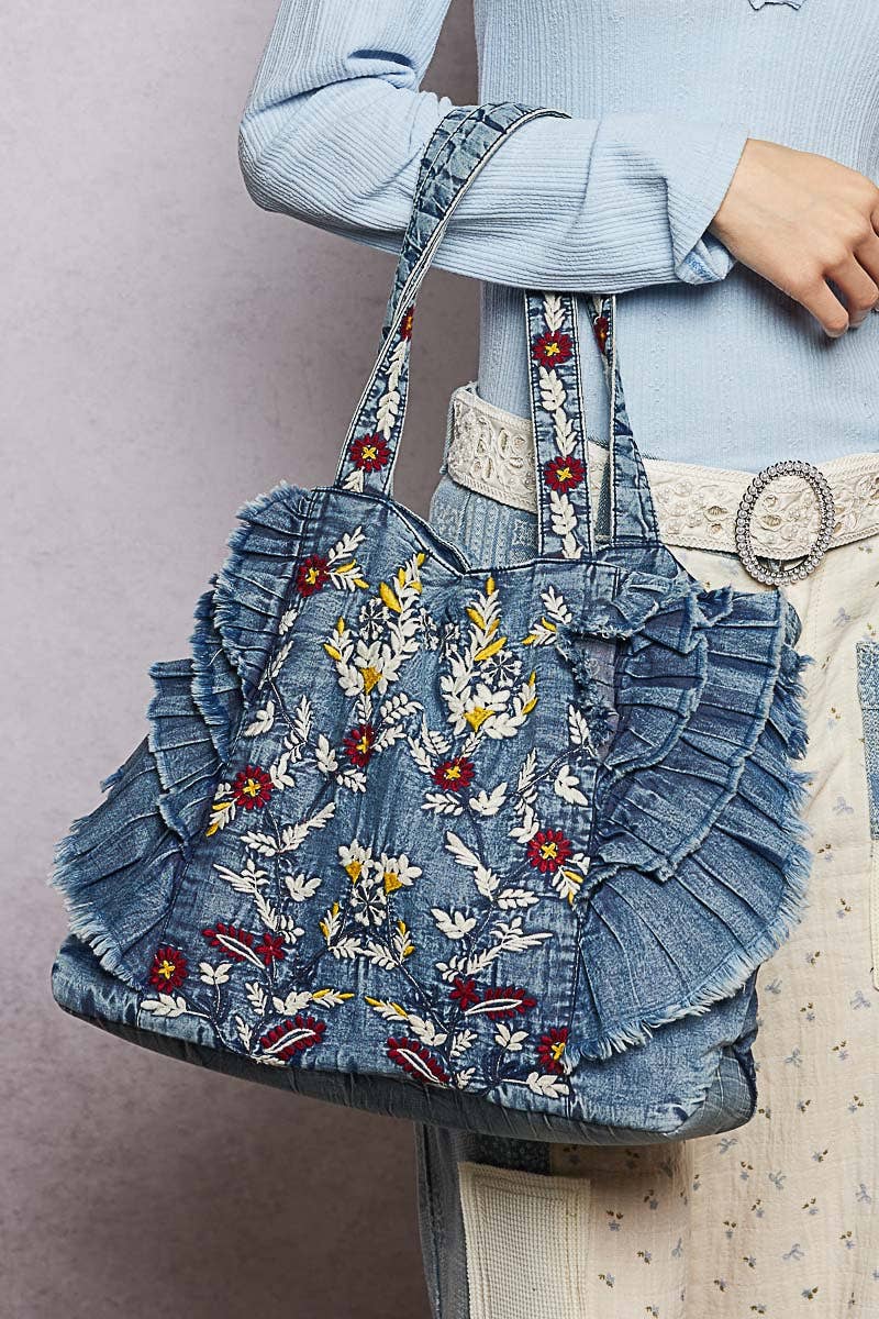 POL Vintage Wash Embroidered Ruffle Denim Tote Bag