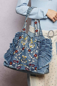 POL Vintage Wash Embroidered Ruffle Denim Tote Bag