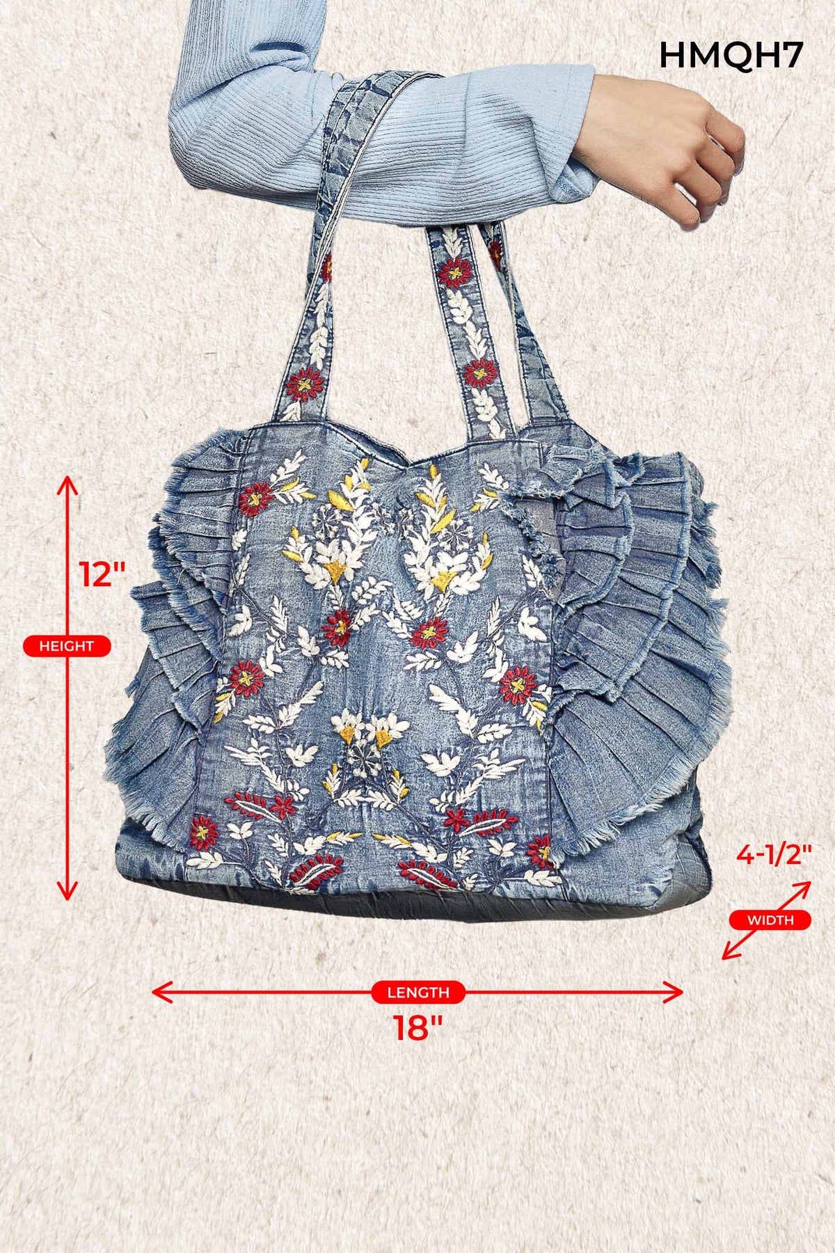 POL Vintage Wash Embroidered Ruffle Denim Tote Bag