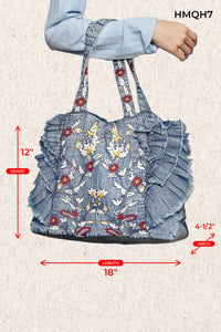 POL Vintage Wash Embroidered Ruffle Denim Tote Bag