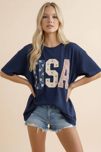 Patriot Navy Studded USA Mixed-Media Tee