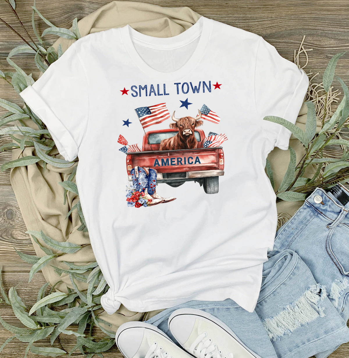 Small Town American Patriotic Highland Cow T-Shirt Customized with Woodland Park, Colorado