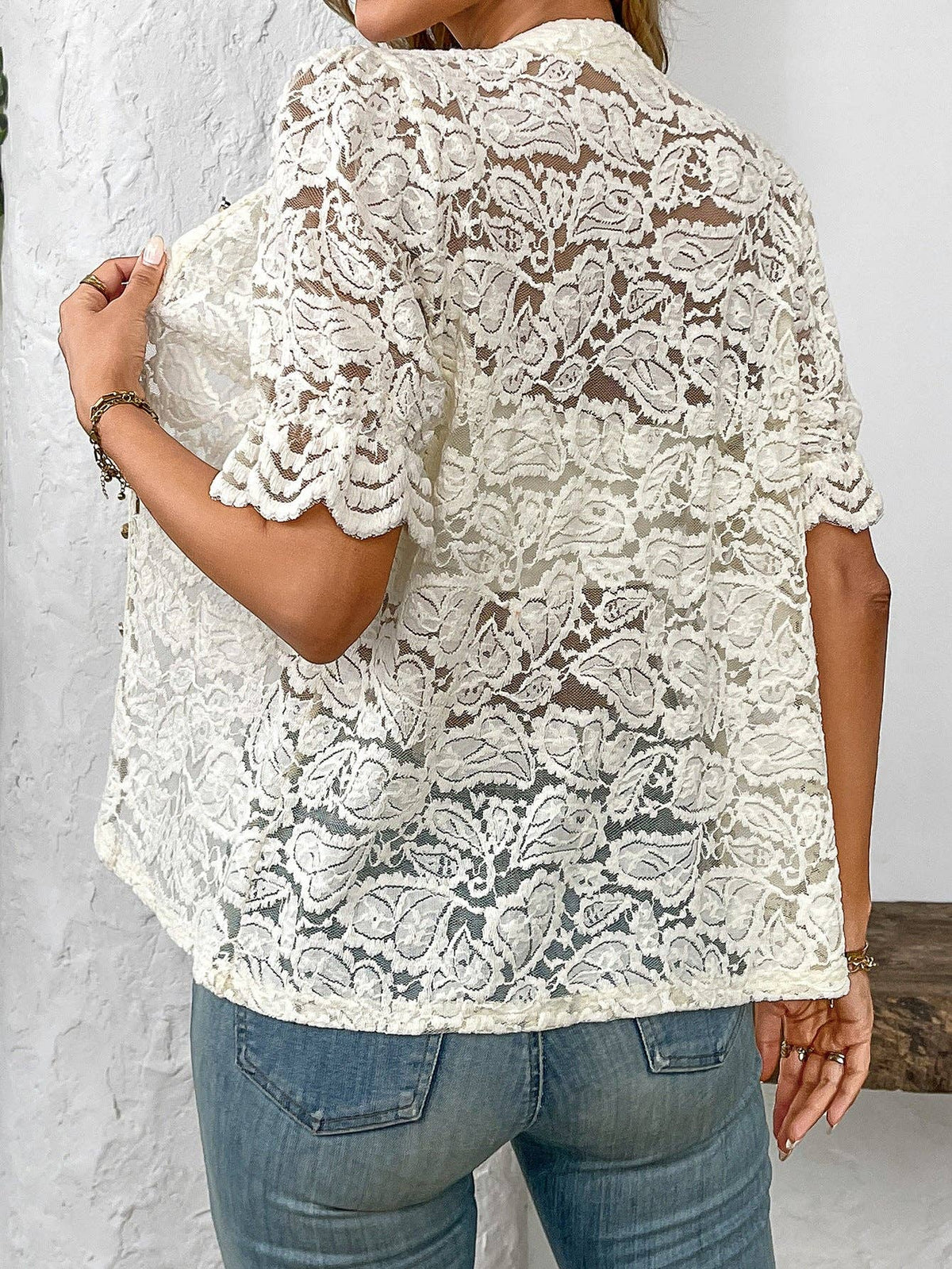 Paige's Floral Lace Pearl Button Up Blouse