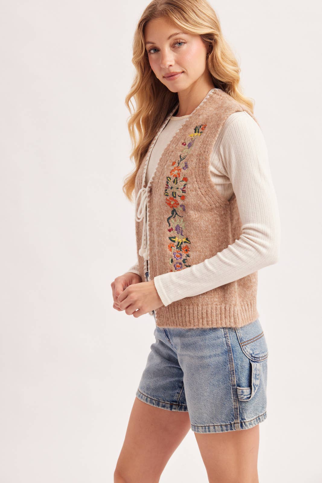 Vintage Embroidered Self-Tie Front Knit Vest