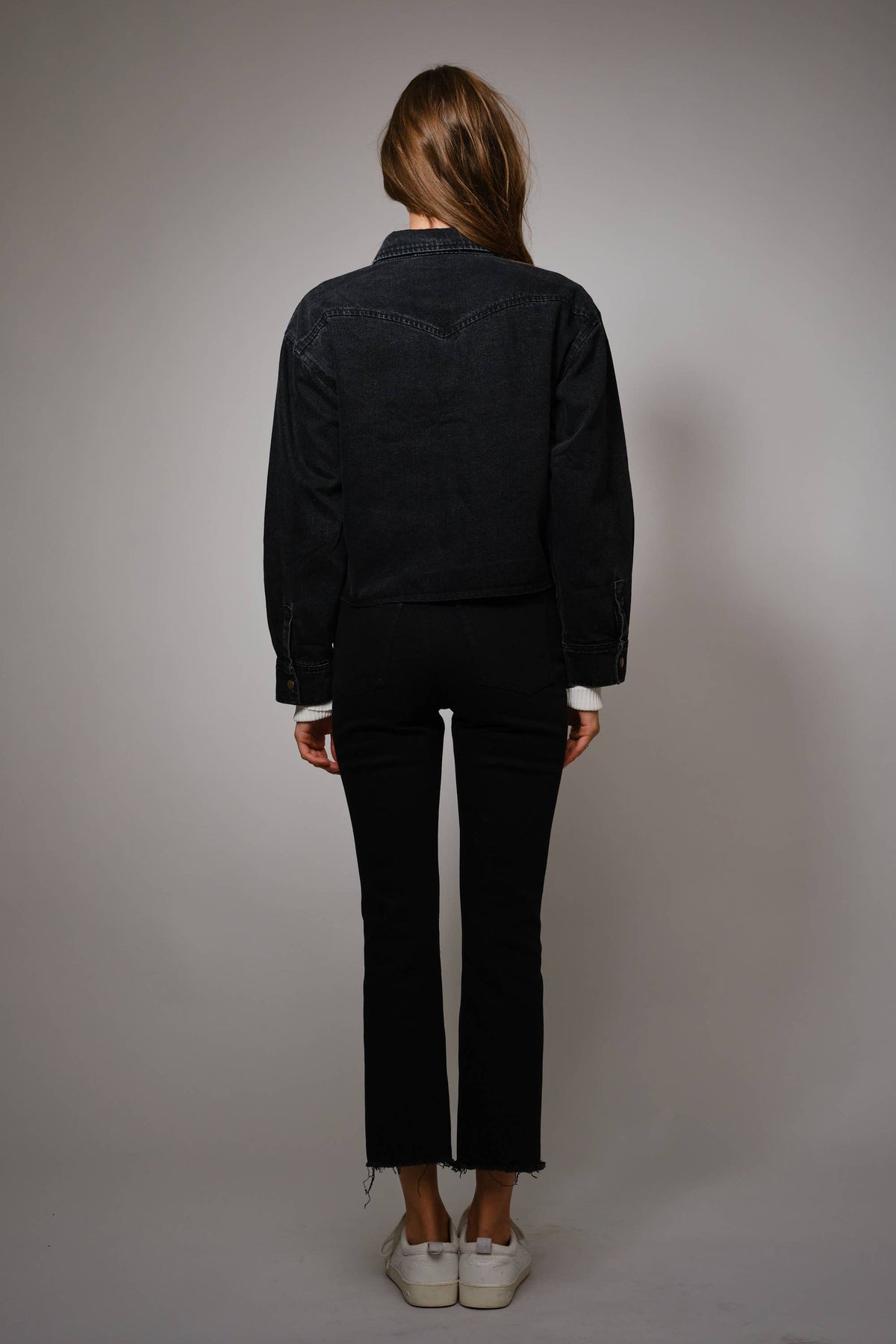 Horse Embroidered Cropped Denim Shirt