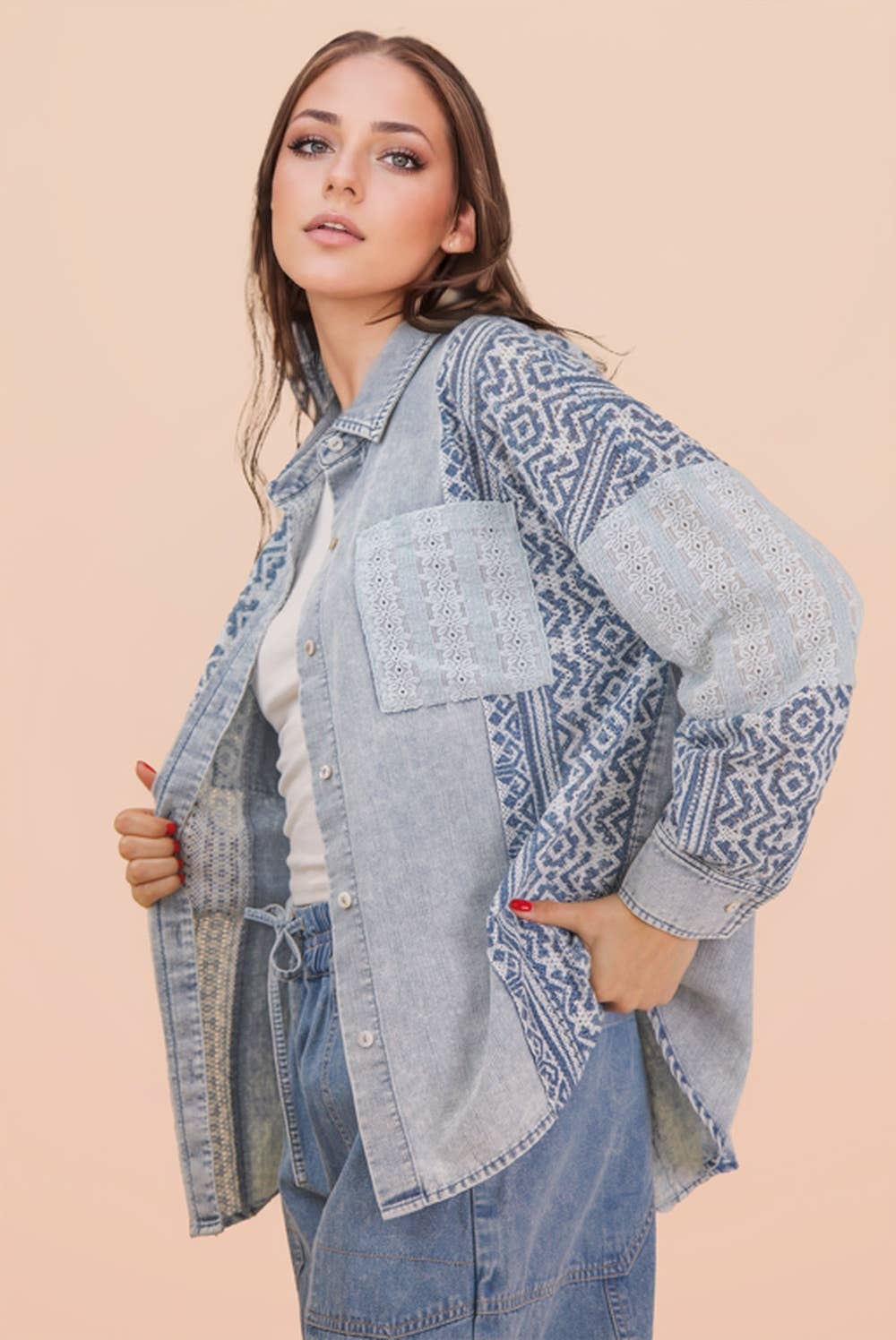 Washed Denim Contrast Oversized Shirt
