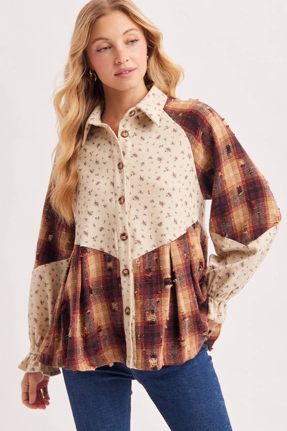 Boho Ditsy Button Down Patchwork Plaid Tunic