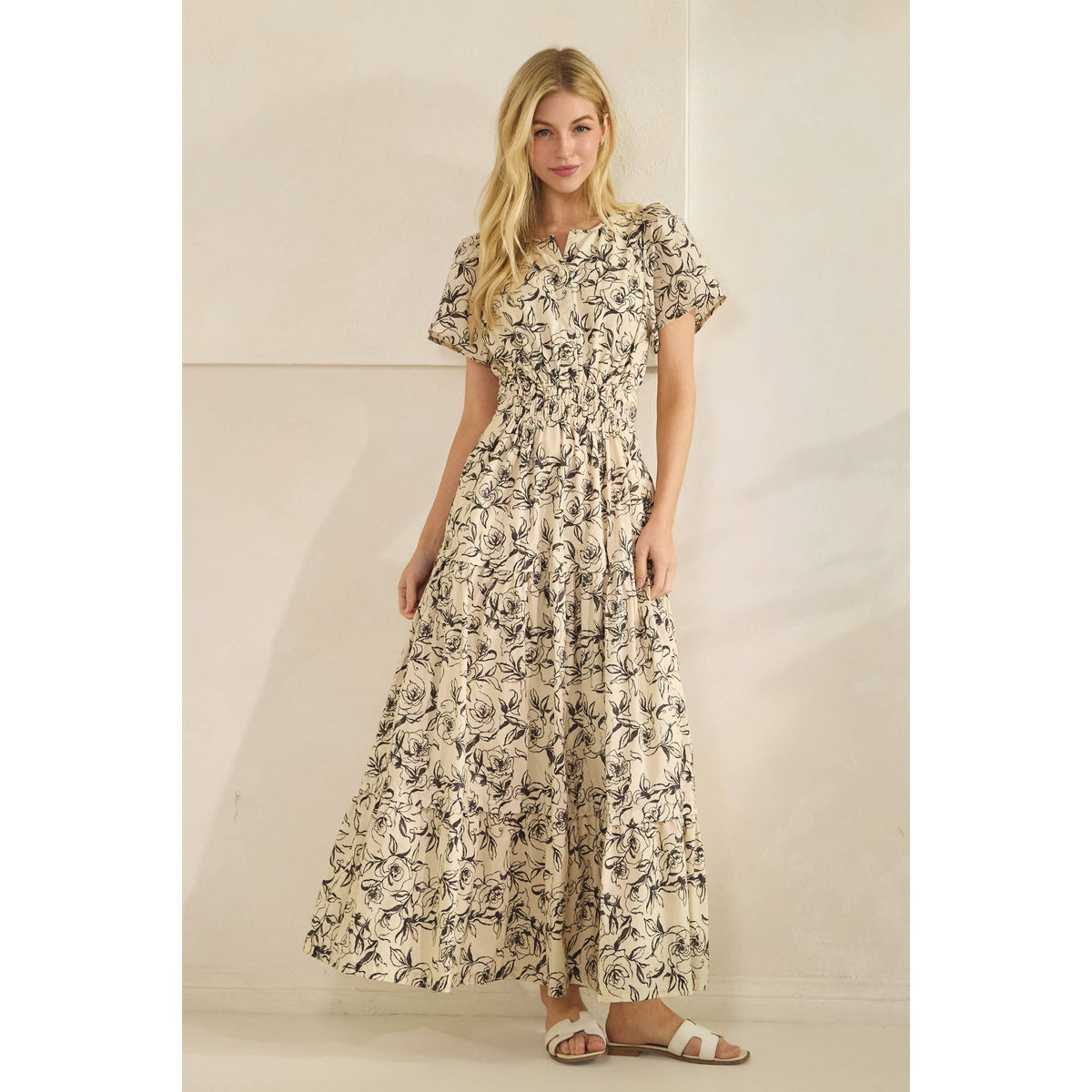 Romantic Rose Print Smocked Tiered Short Sleeve Maxi Dress