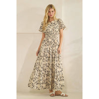 Romantic Rose Print Smocked Tiered Short Sleeve Maxi Dress