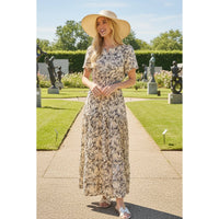 Romantic Rose Print Smocked Tiered Short Sleeve Maxi Dress
