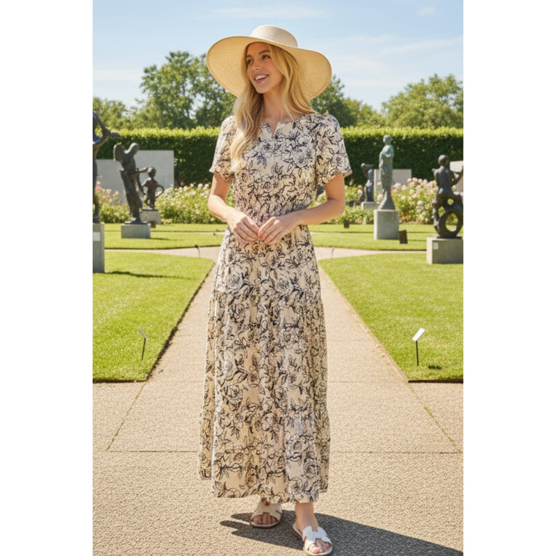 Romantic Rose Print Smocked Tiered Short Sleeve Maxi Dress