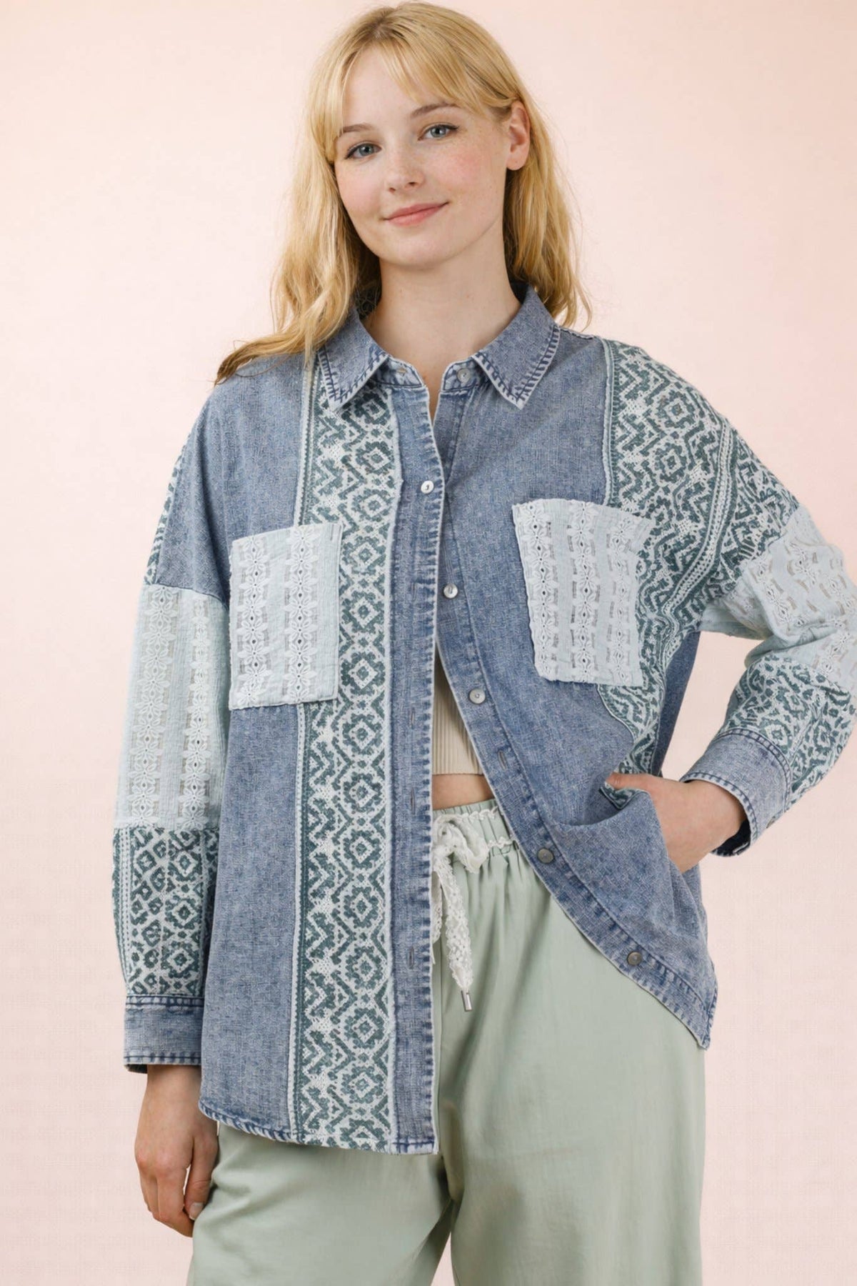 Washed Denim Contrast Oversized Shirt