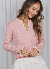Lace V-Neck Cable Knit Sweater