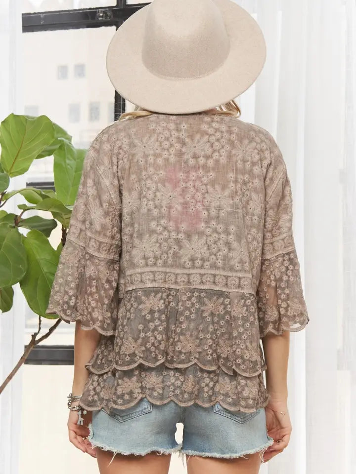 Angela's Taupe Delicate Lace Blouse