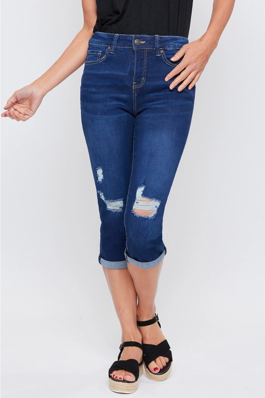 Dark Wash Slim Stretch Cuffed Capri