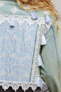 POL Vintage Embroidered Sparkle Metal Button Down Denim Jacket