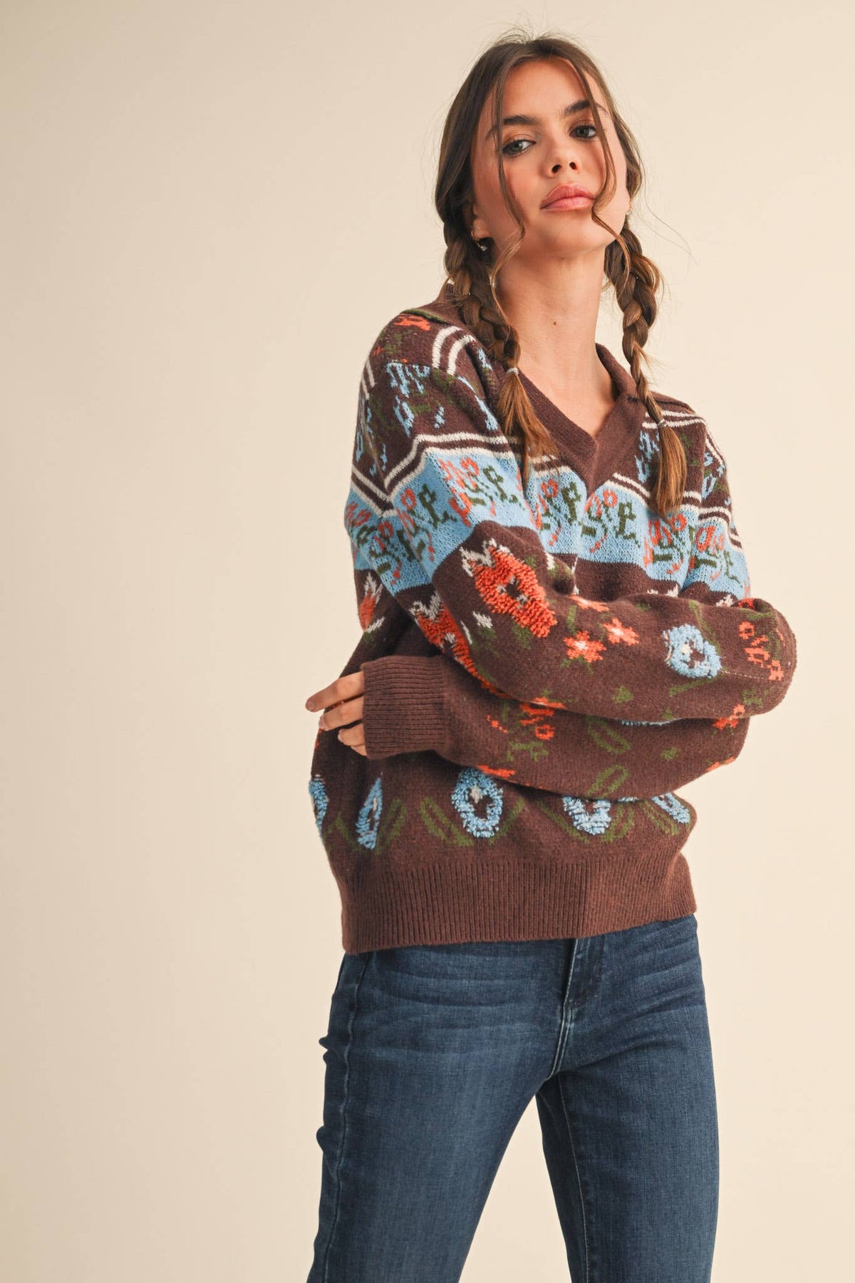 FUZZY FLORAL KNIT COLLARED SWEATER