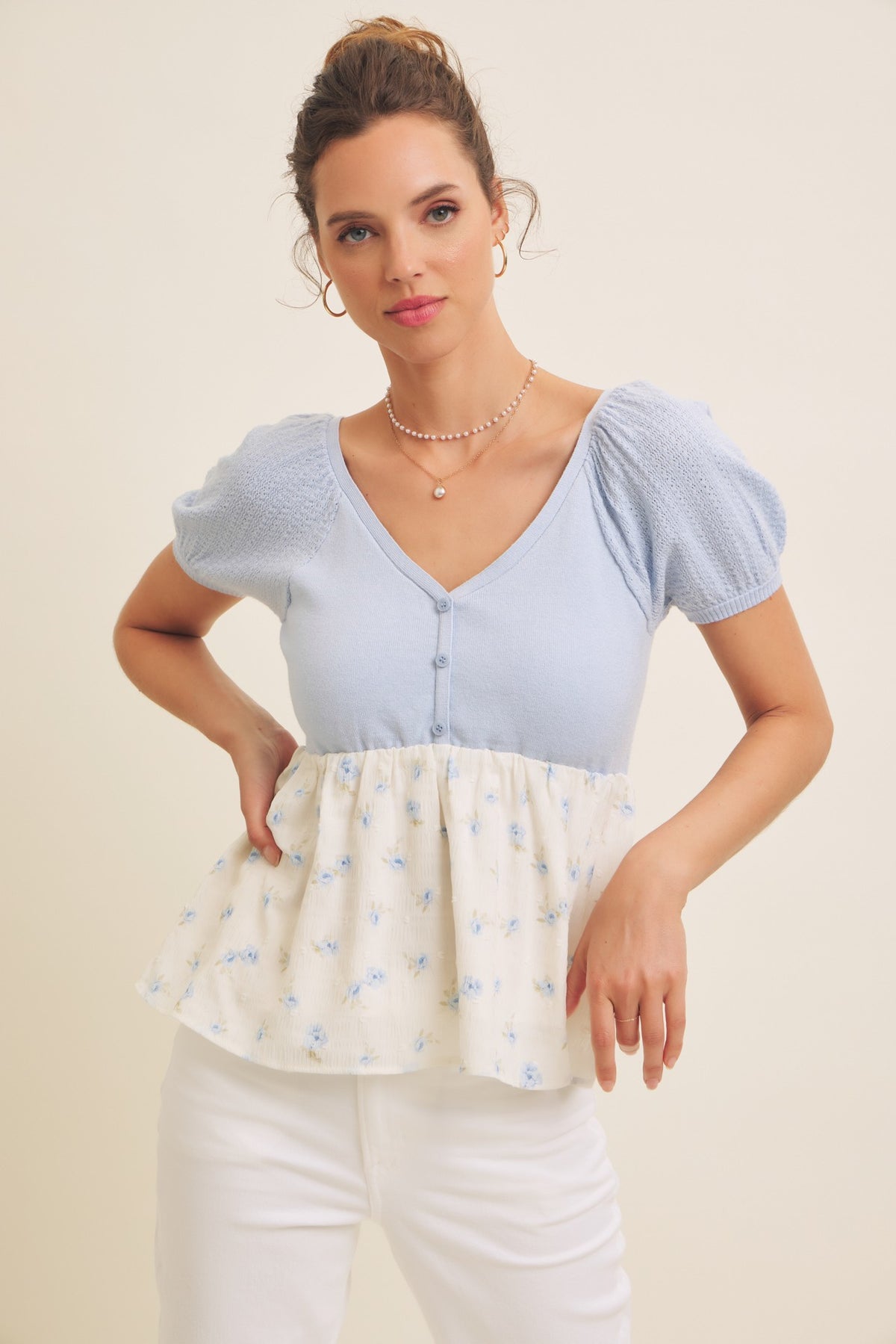 Annabelle Sweater Button-Down Babydoll Top