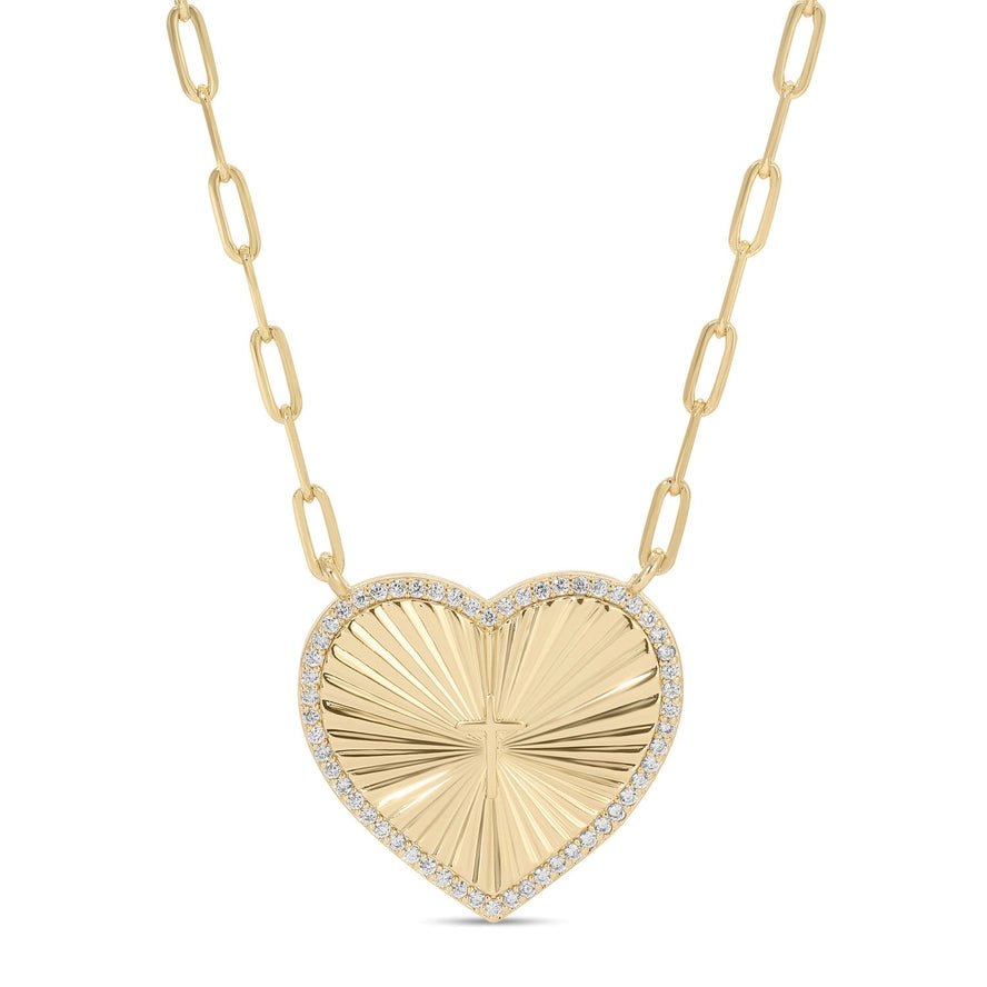 Pave Cross Accented Heart Burst Necklace