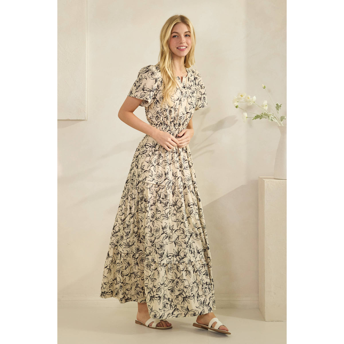 Romantic Rose Print Smocked Tiered Short Sleeve Maxi Dress