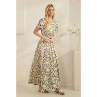 Romantic Rose Print Smocked Tiered Short Sleeve Maxi Dress