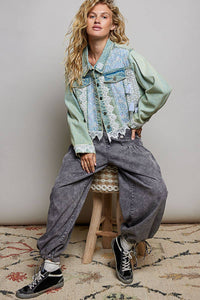 POL Vintage Embroidered Sparkle Metal Button Down Denim Jacket