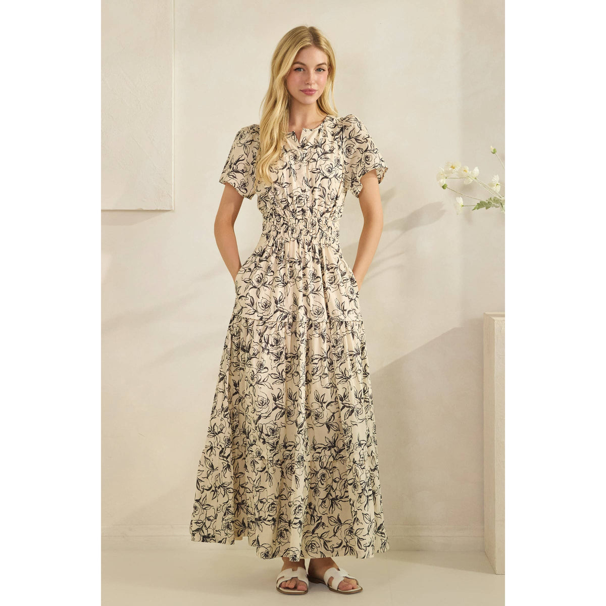 Romantic Rose Print Smocked Tiered Short Sleeve Maxi Dress