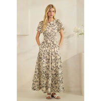 Romantic Rose Print Smocked Tiered Short Sleeve Maxi Dress