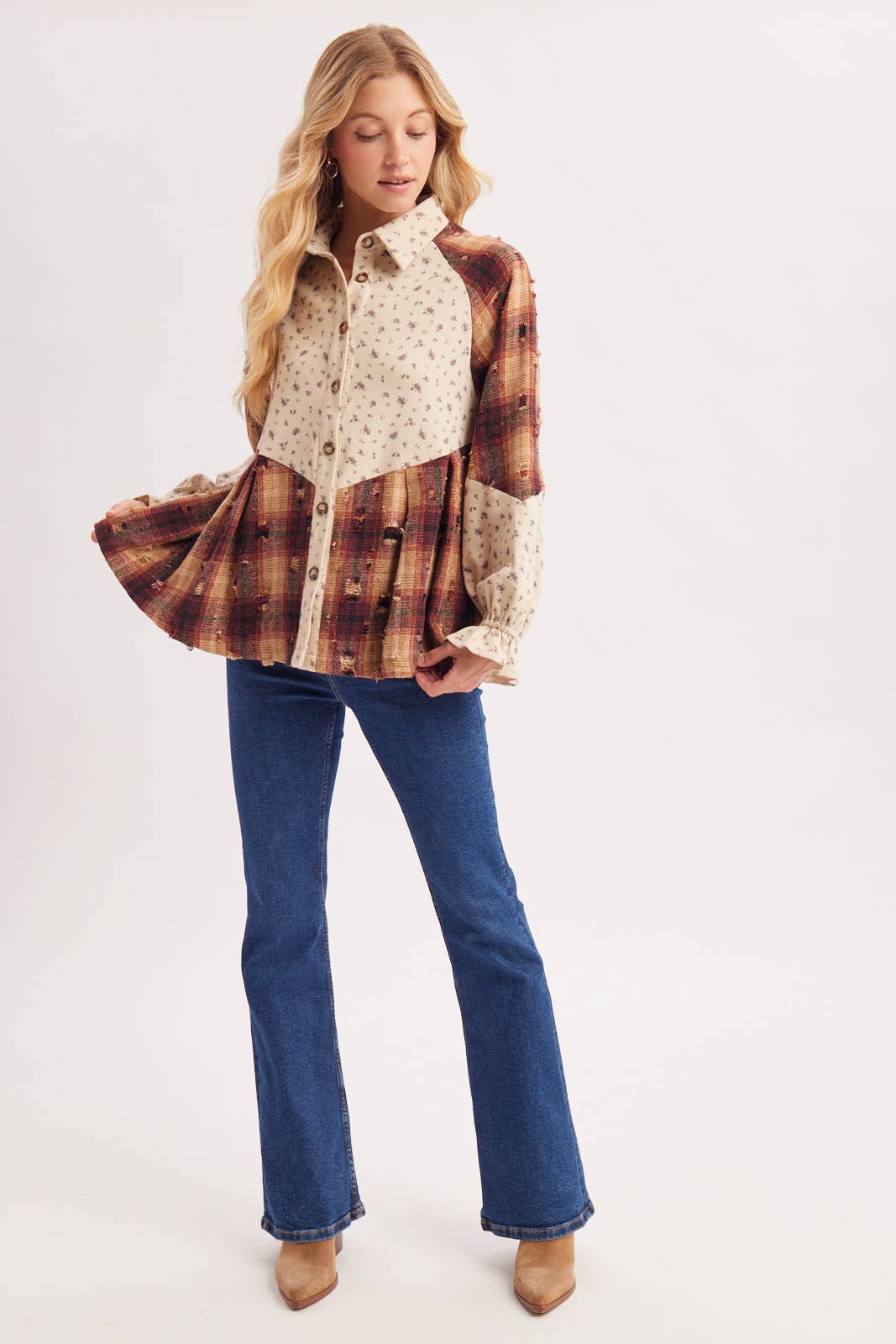 Boho Ditsy Button Down Patchwork Plaid Tunic