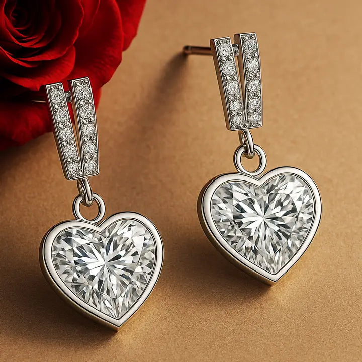 Heart-Shaped Sparkle Drop Earrings 14k White Gold Plated
