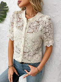 Paige's Floral Lace Pearl Button Up Blouse