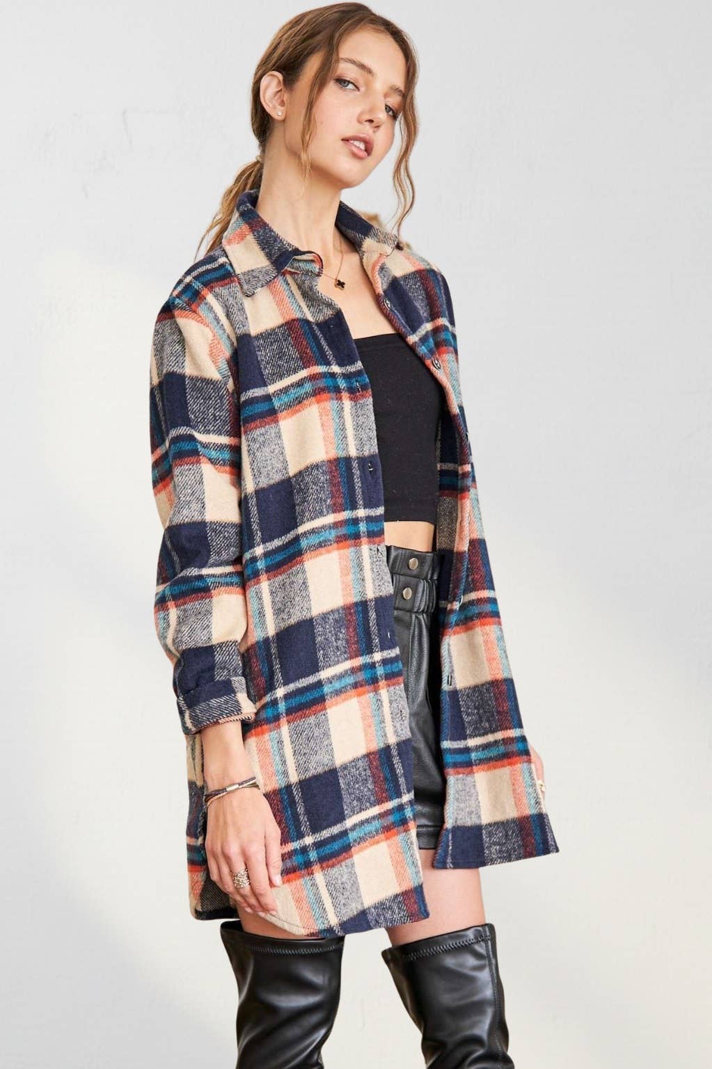 Women's Longline Plaid Flannel Shacket Jacket