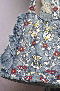 POL Vintage Wash Embroidered Ruffle Denim Tote Bag