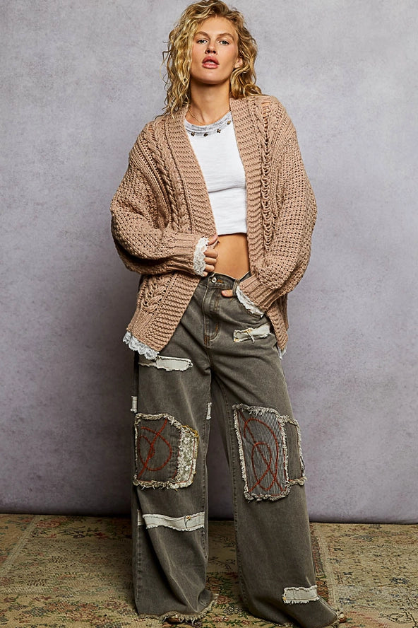 POL Knit Cardigan with Lace Accents