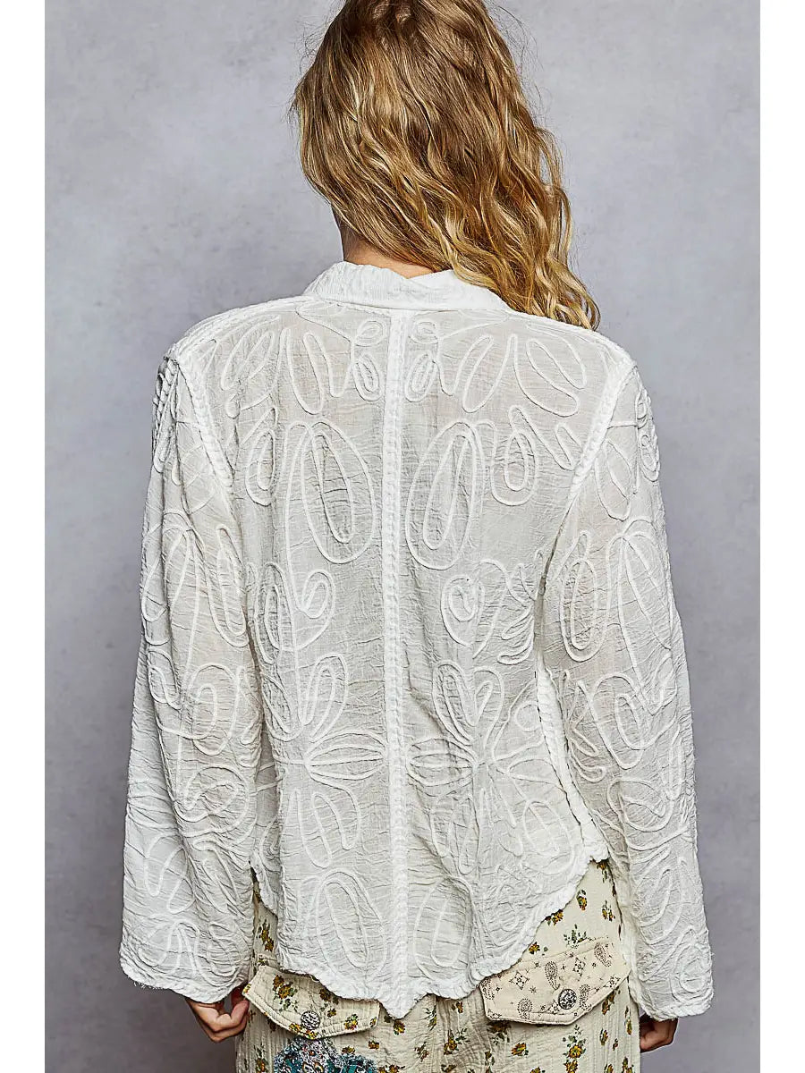 POL White Long Sleeve Crochet Embroidered Top