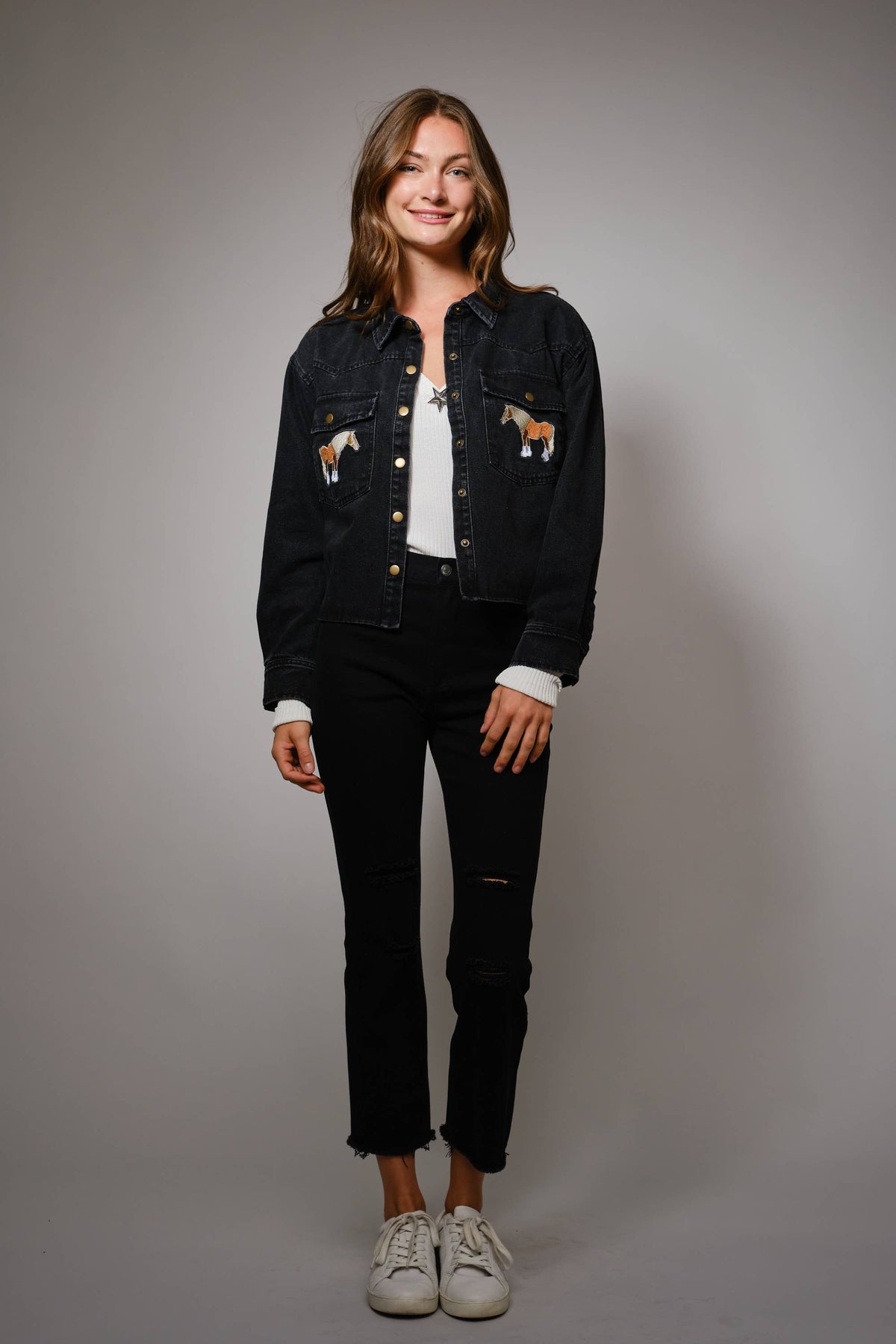 Horse Embroidered Cropped Denim Shirt
