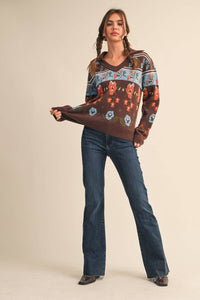 FUZZY FLORAL KNIT COLLARED SWEATER