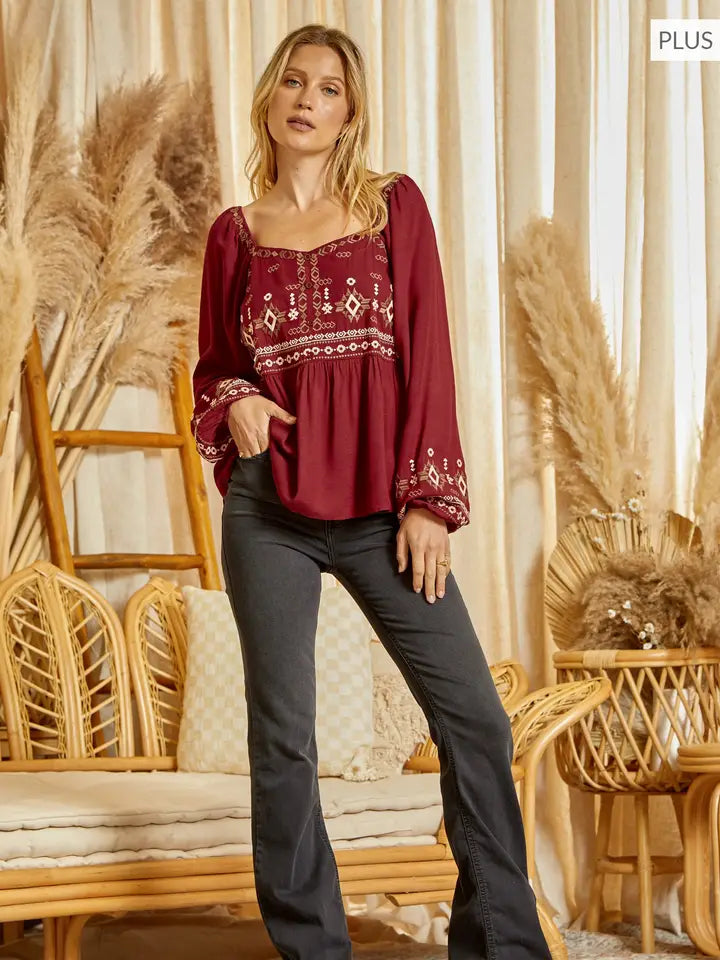 Bethany's Plus Sized Embroidered Blouse in Brick
