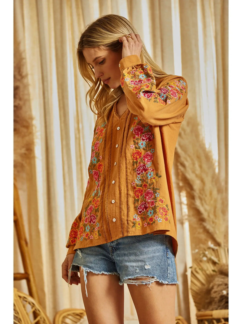 Allie Floral Mustard Embroidered Top