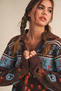 FUZZY FLORAL KNIT COLLARED SWEATER