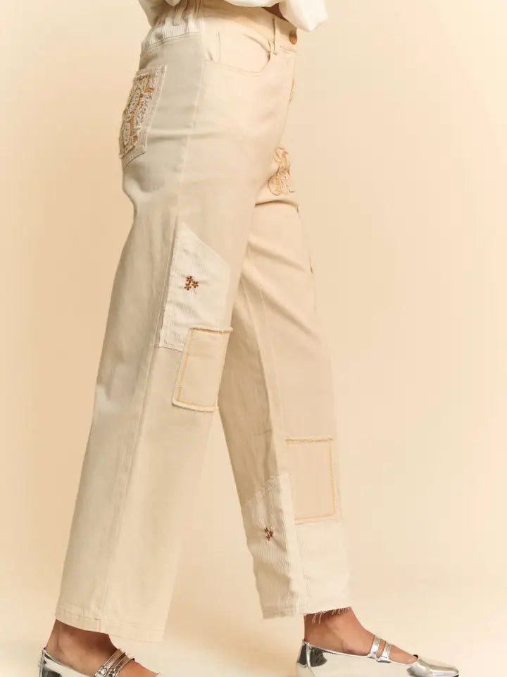 Contrasting Fabric Patch Stretch Denim Jeans