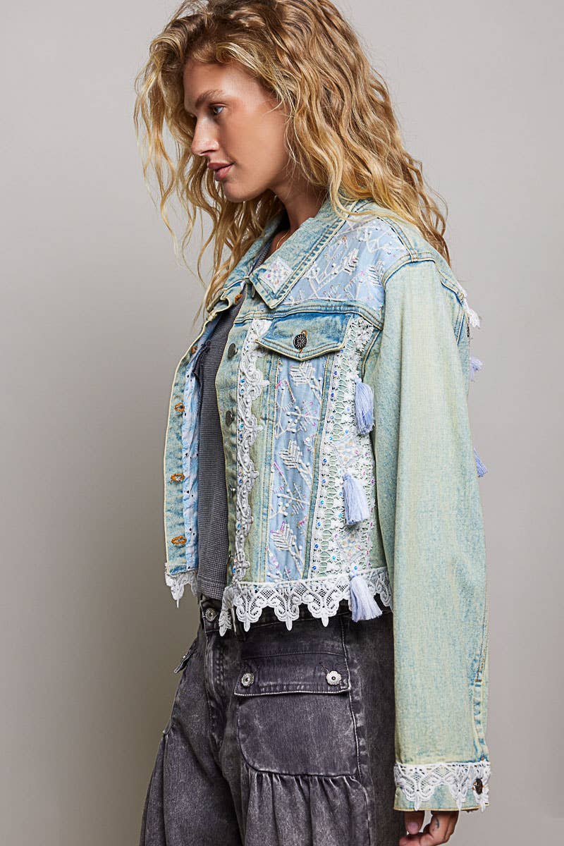 POL Vintage Embroidered Sparkle Metal Button Down Denim Jacket
