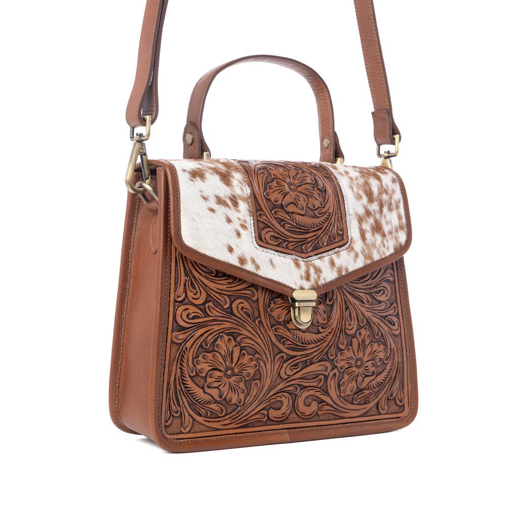 Duchess Hairon Handtooled Flap and Button Leather Satchel