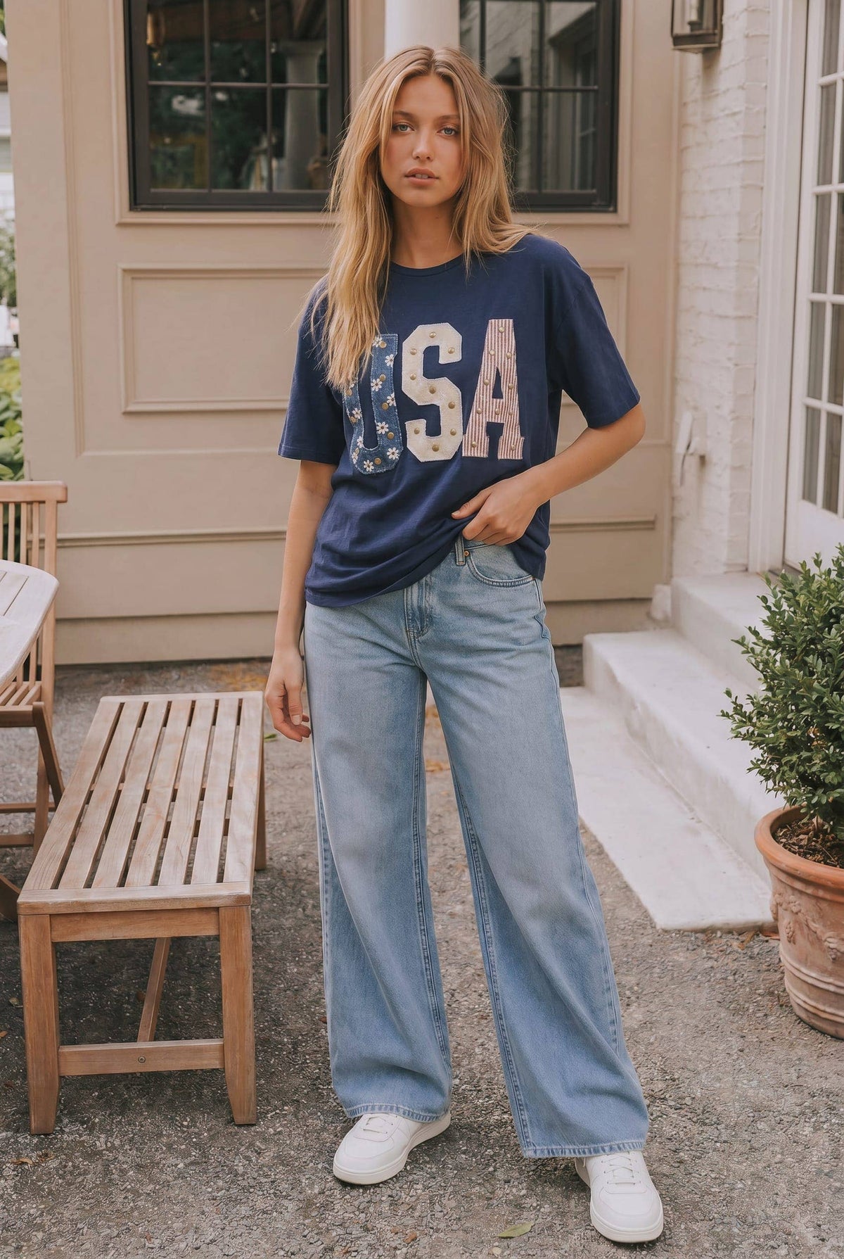 Patriot Navy Studded USA Mixed-Media Tee