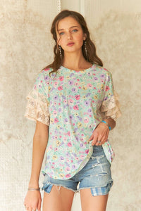 Micaela Layered Lace Mint Floral Top