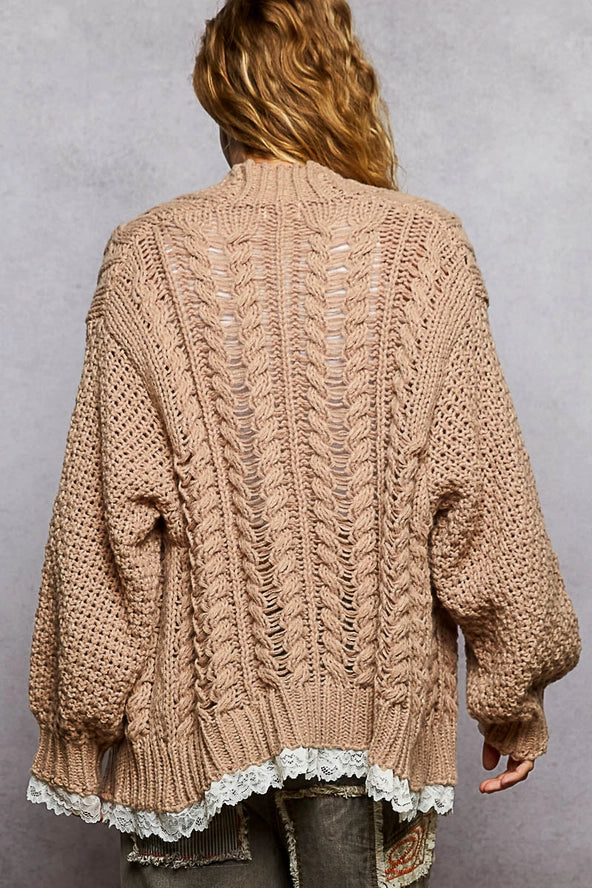 POL Knit Cardigan with Lace Accents