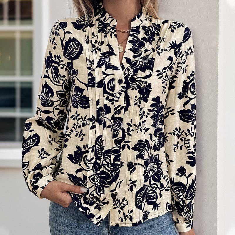 Elegant Floral Print Blouse with Pintuck Detail
