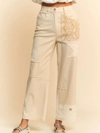 Contrasting Fabric Patch Stretch Denim Jeans